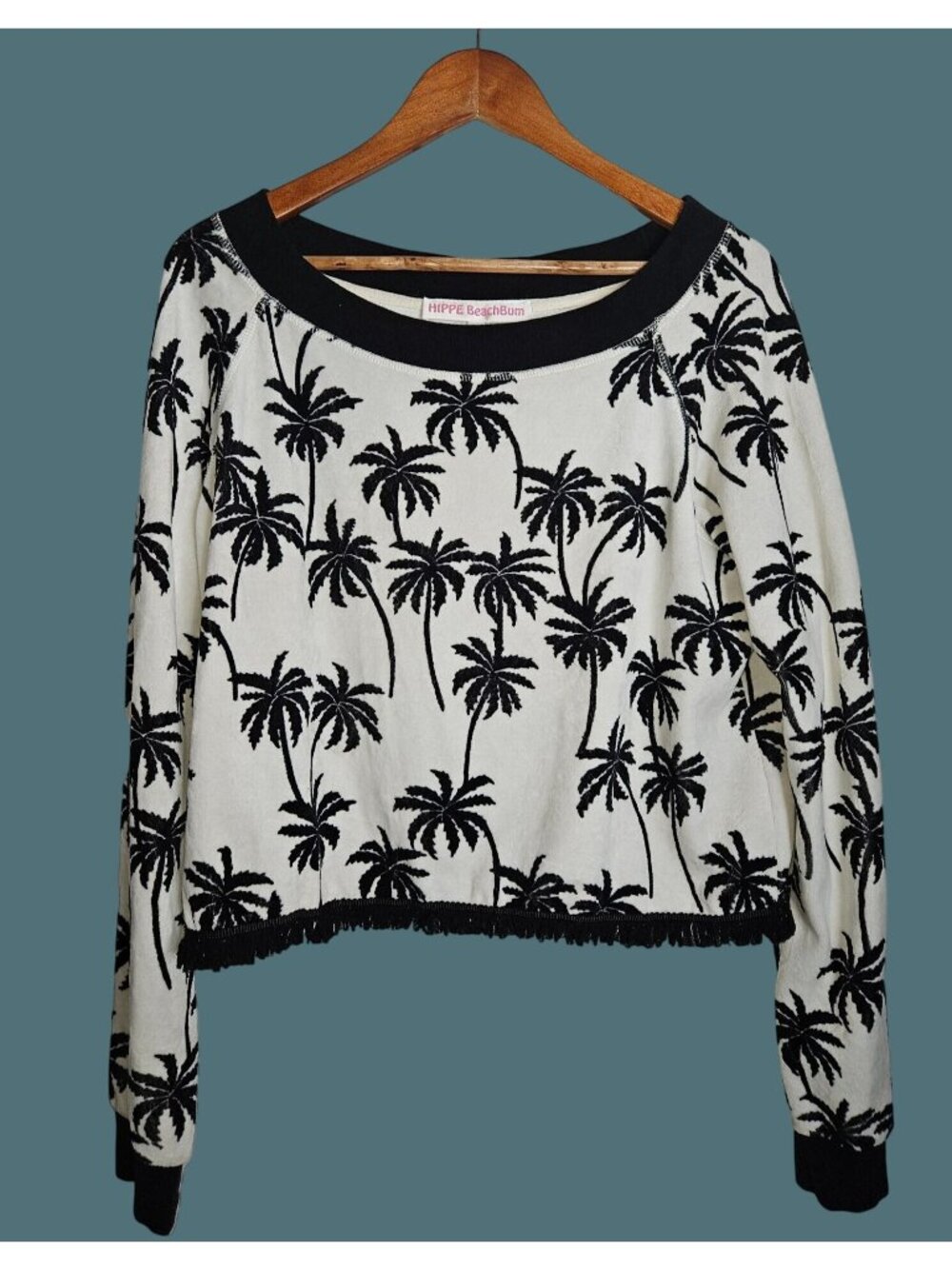 HIPPE BeachBum Palm Tree Print Velour Coastal Fringe Hem Sweater Women S